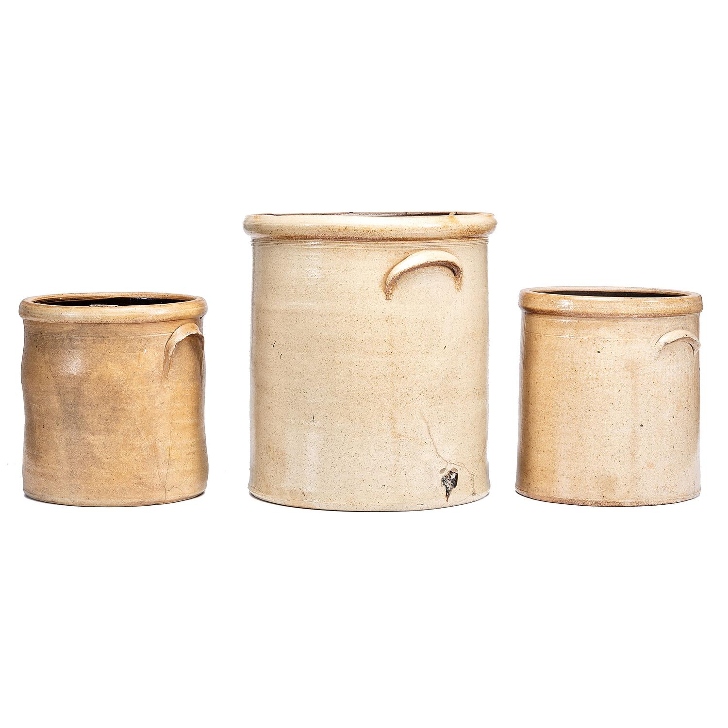 Three Stoneware Crocks with Cobalt Capacity Marks