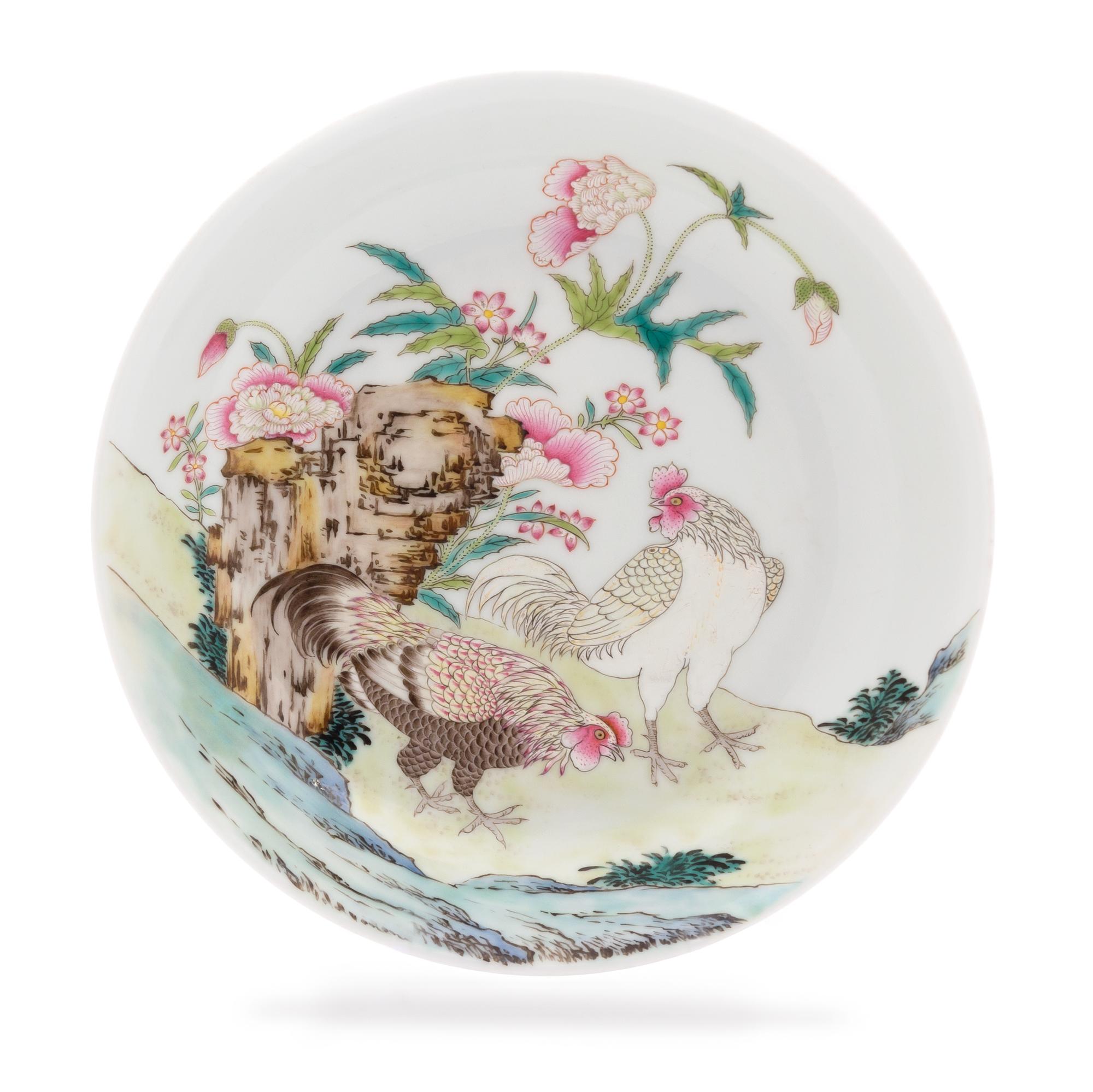 A Famille Rose Porcelain 'Rooster' Dish Diameter 7 7/8 inches.