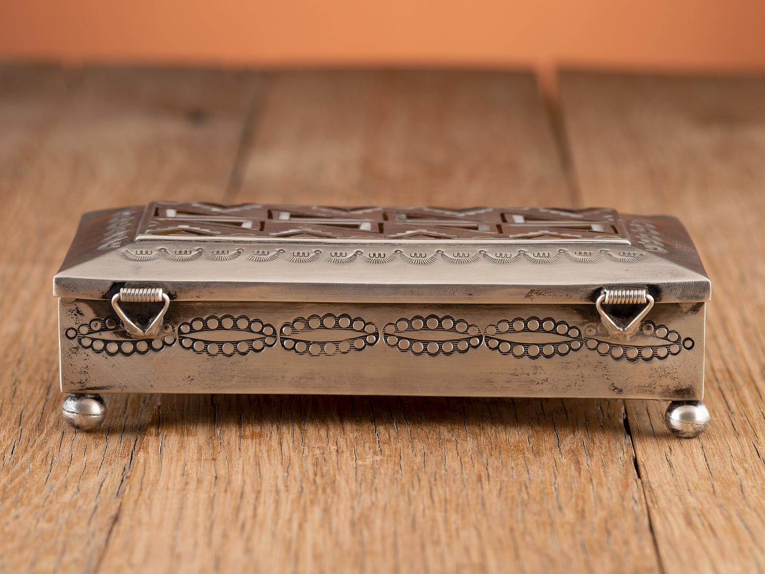 Award Winning Heavily Stamped Sterling Silver Box with Mosaic Inlay
