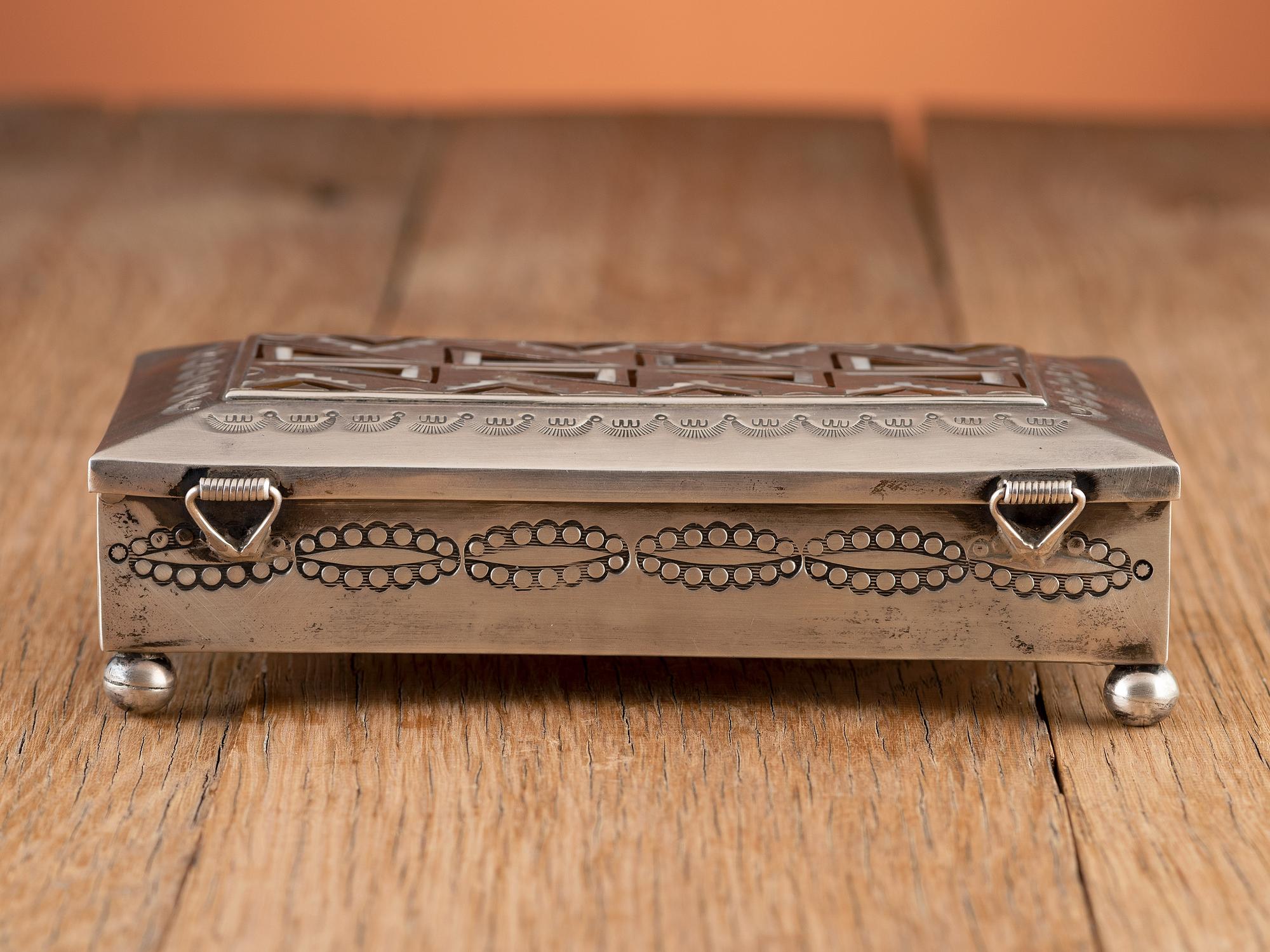 Award Winning Heavily Stamped Sterling Silver Box with Mosaic Inlay