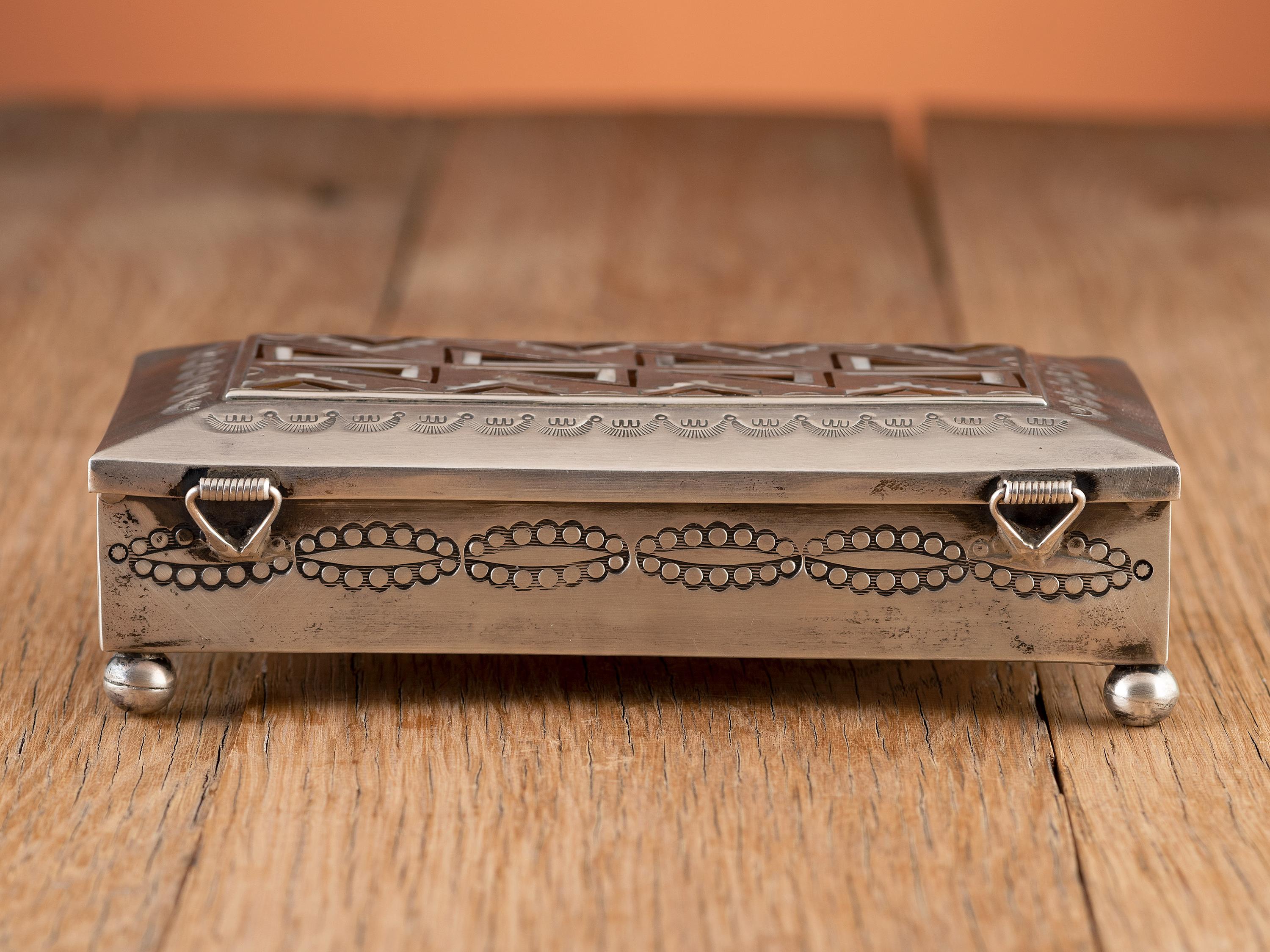 Award Winning Heavily Stamped Sterling Silver Box with Mosaic Inlay