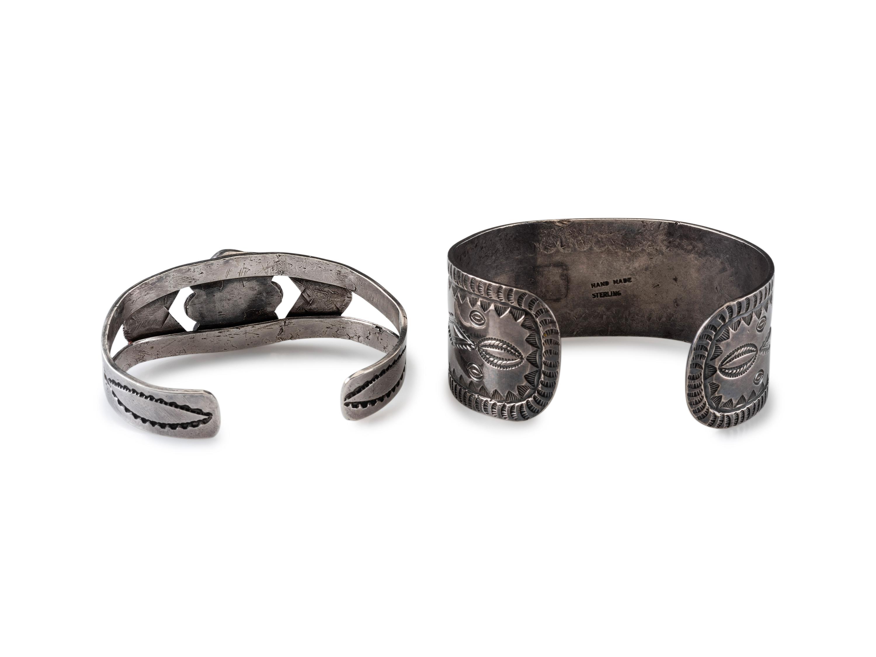 Pair of Navajo Stamped Silver and Turquoise Cuff Bracelets
