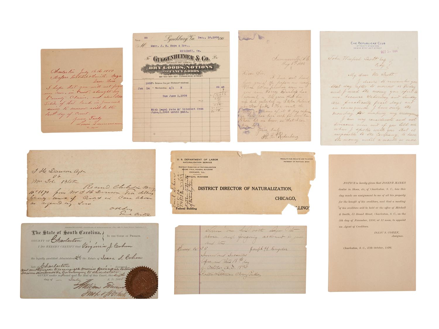 [SOUTH CAROLINA]. Group of 19th-century legal documents, including: