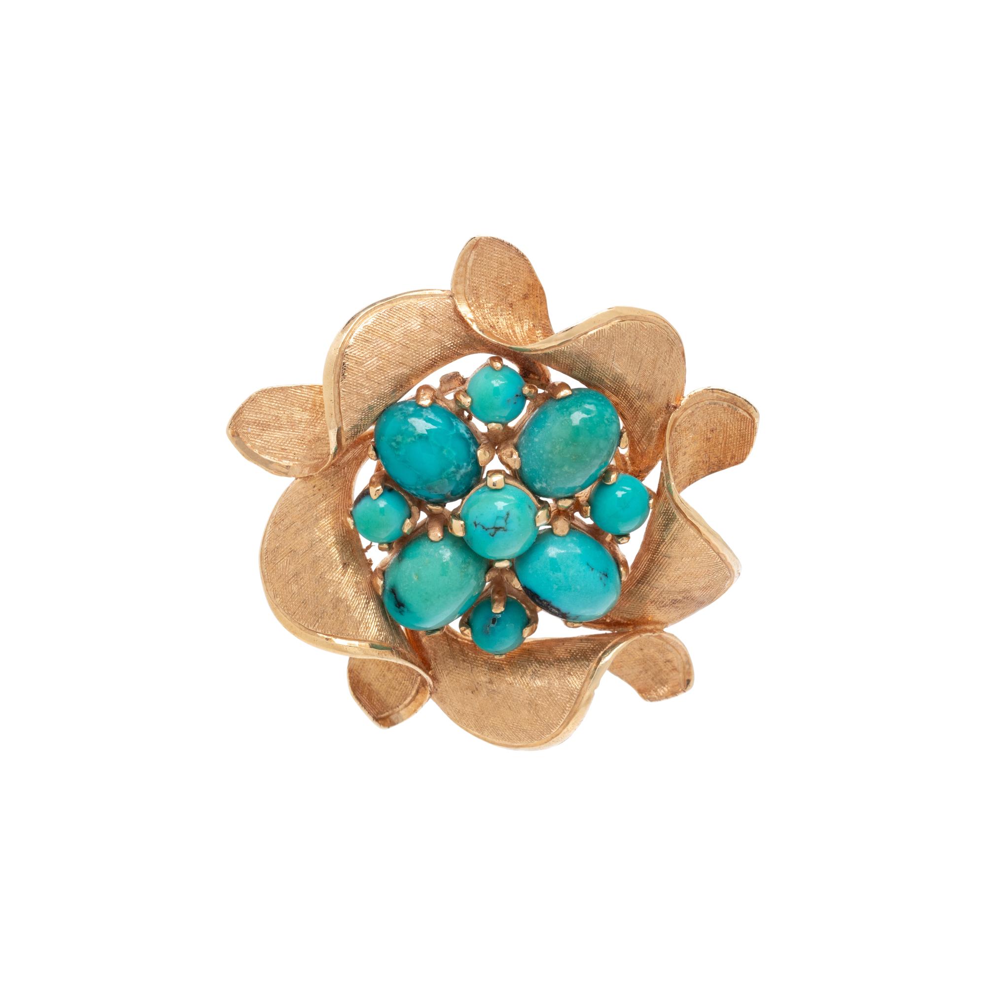 YELLOW GOLD AND TURQUOISE CLUSTER BROOCH