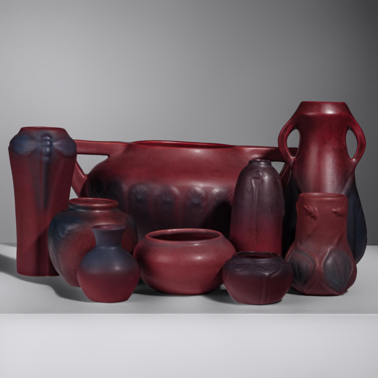 Group of Nine Mulberry Red Pottery Vases