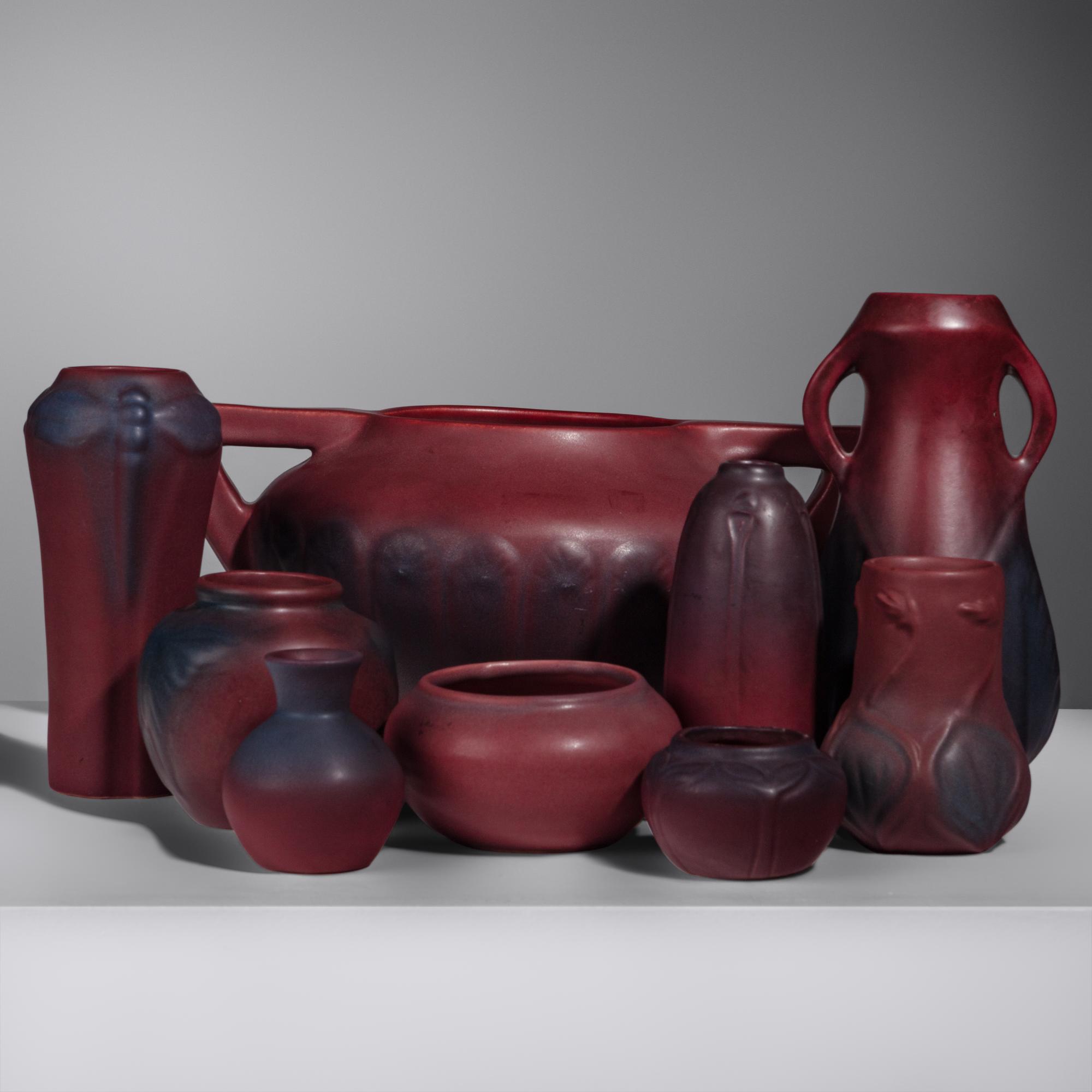 Group of Nine Mulberry Red Pottery Vases