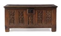 A French Renaissance Iron Mounted Oak Chest Height 29 1/2 x width 61 7/8 x depth 25 1/2 inches. — CIRCA 1500 WITH LATER ELEMENTS