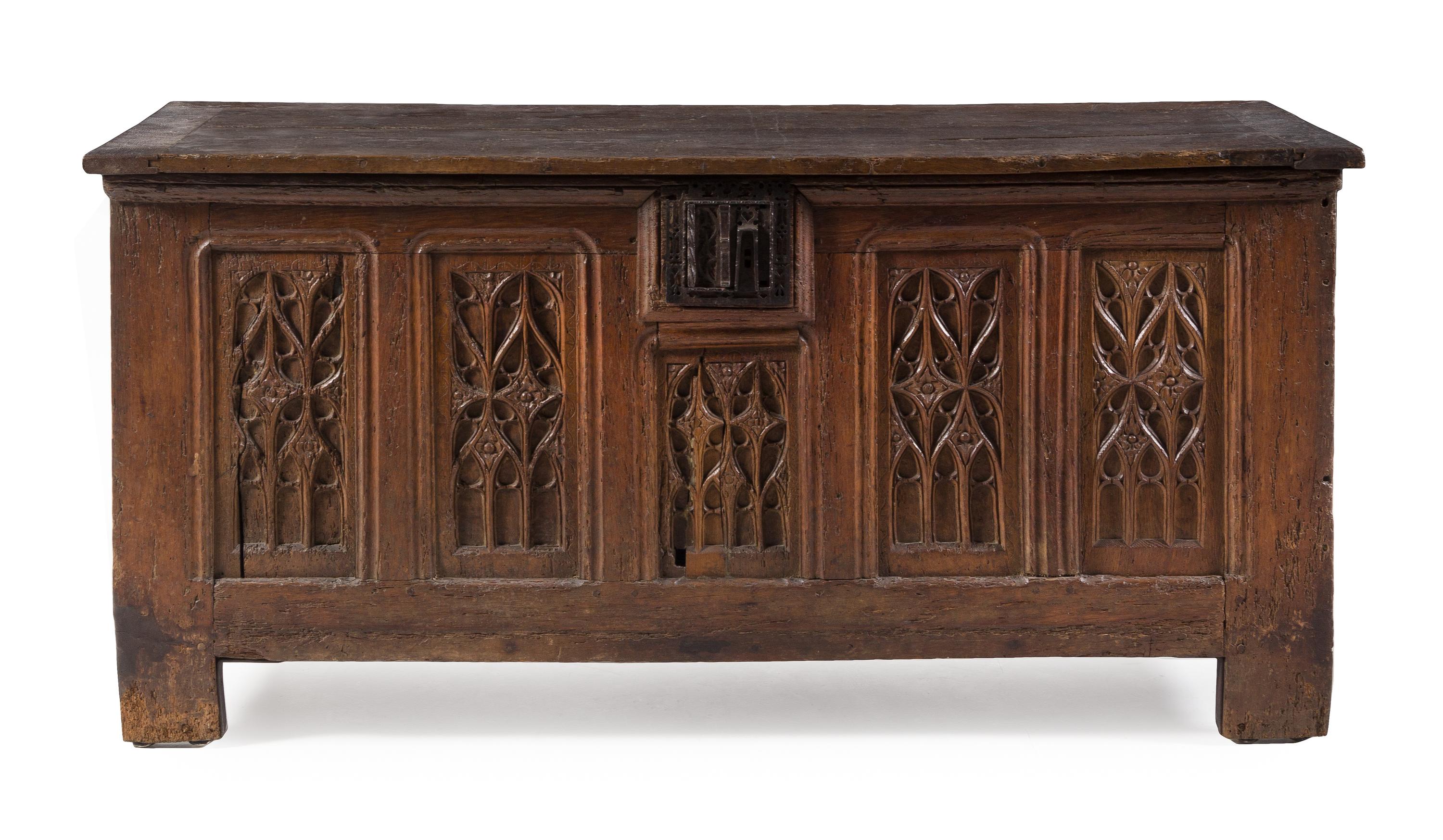 A French Renaissance Iron Mounted Oak Chest Height 29 1/2 x width 61 7/8 x depth 25 1/2 inches. — CIRCA 1500 WITH LATER ELEMENTS