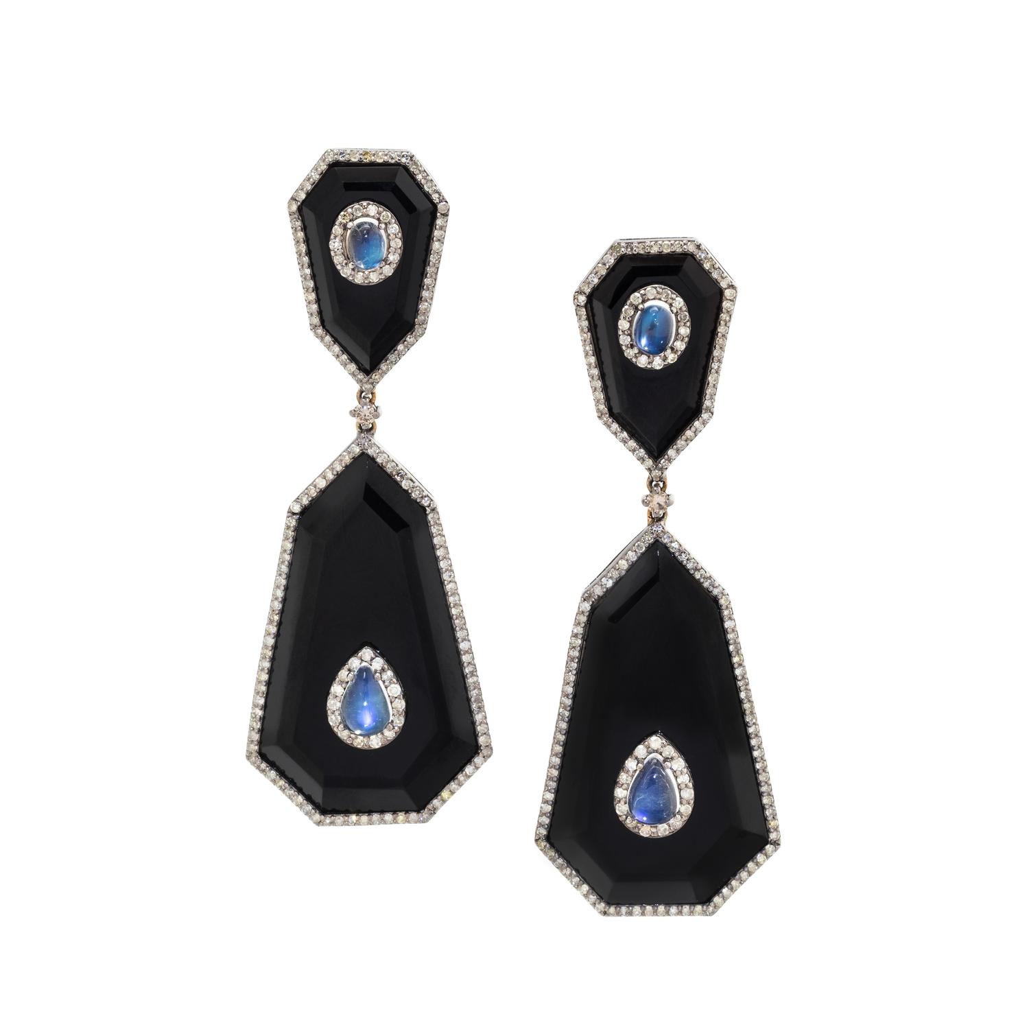 BLACK ONYX, MOONSTONE AND DIAMOND EARRINGS