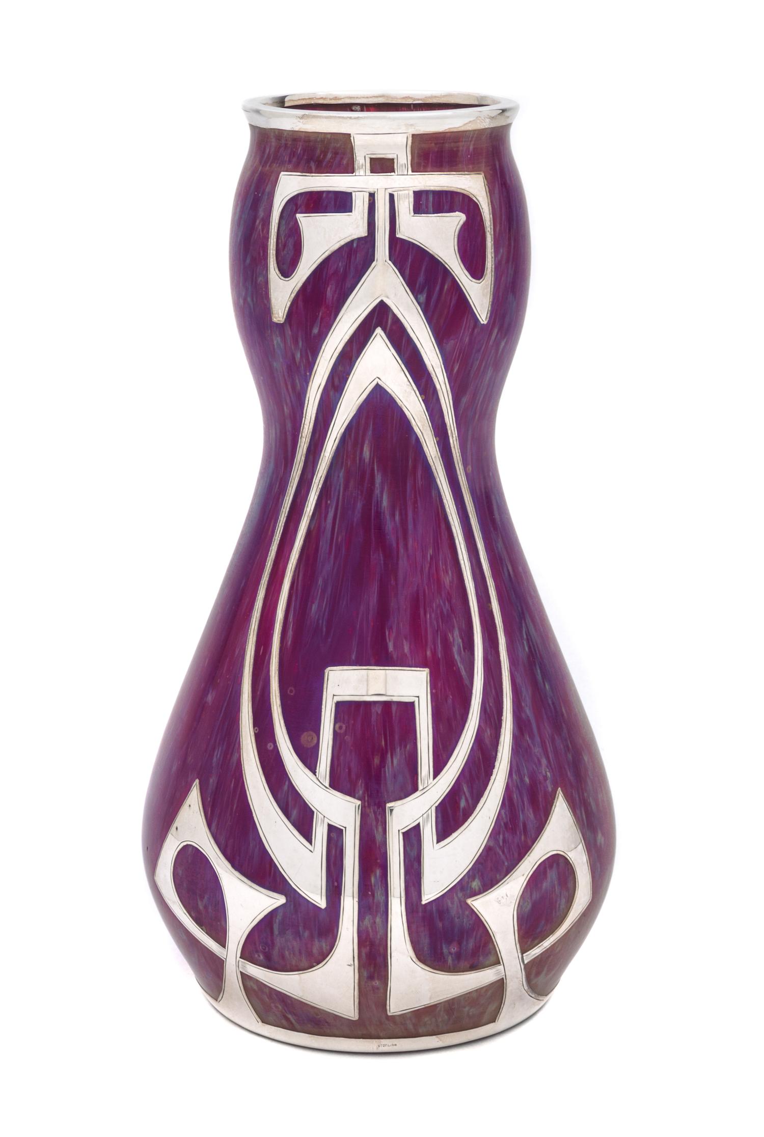 A Loetz Silver Overlay Glass Vase Height 8 3/4 inches.