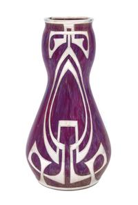 A Loetz Silver Overlay Glass Vase Height 8 3/4 inches.