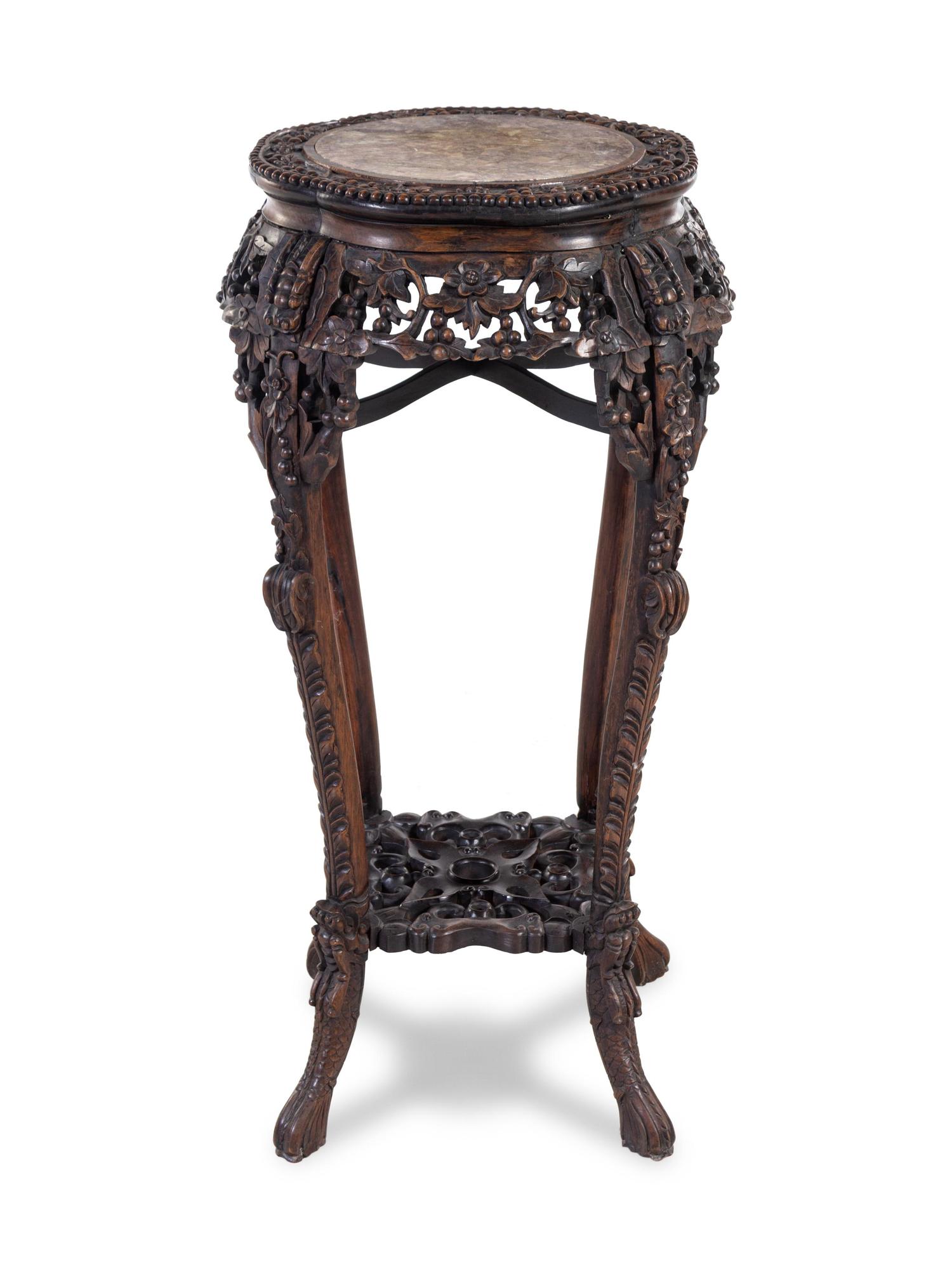 A Chinese Carved Hardwood and Marble-Inset Pedestal