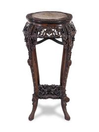 A Chinese Carved Hardwood and Marble-Inset Pedestal