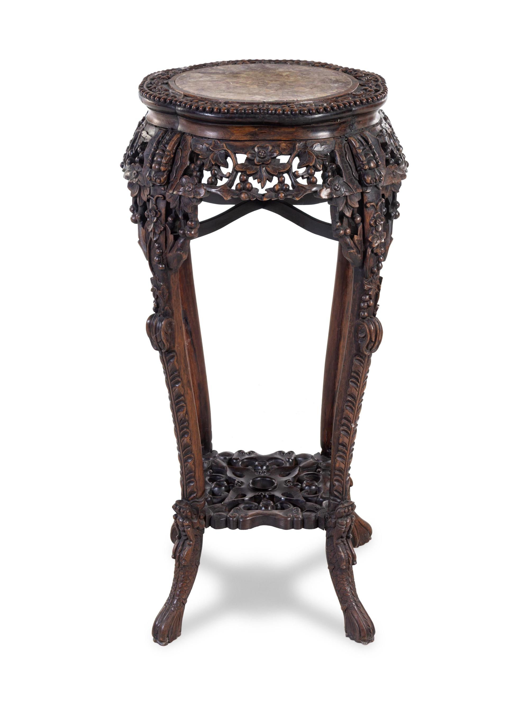 A Chinese Carved Hardwood and Marble-Inset Pedestal
