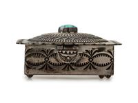 Heavily Stamped Sterling Silver Lidded Box, Set with Turquoise