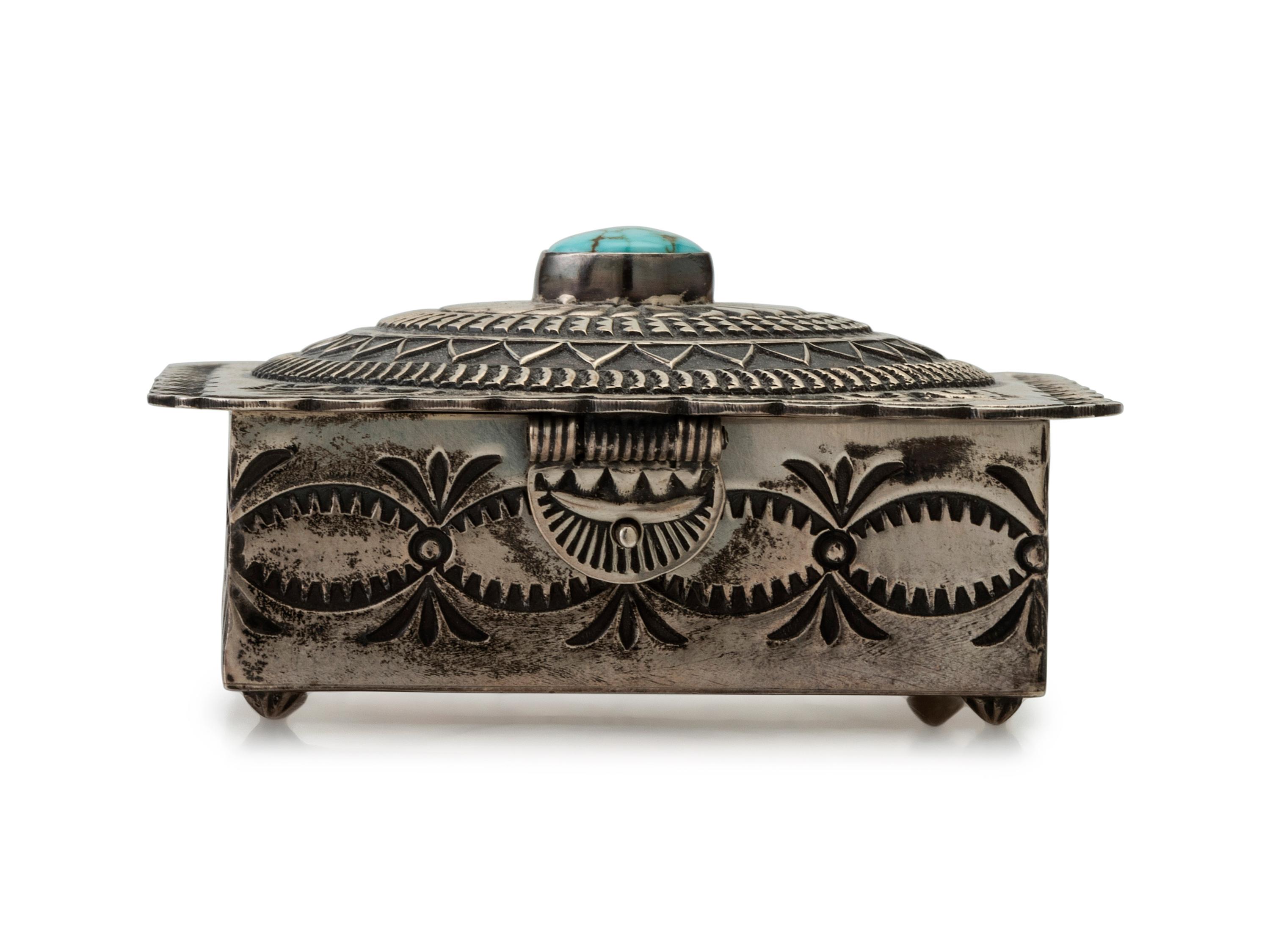 Heavily Stamped Sterling Silver Lidded Box, Set with Turquoise