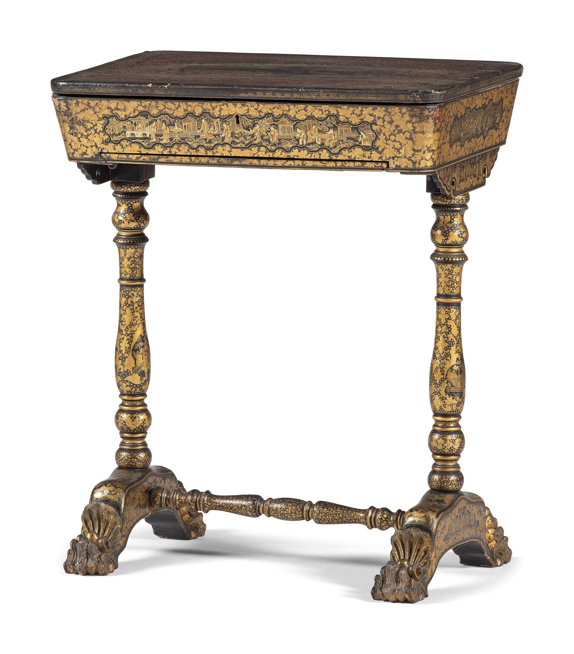 A Chinese Export Gilt and Black Lacquered Sewing Table