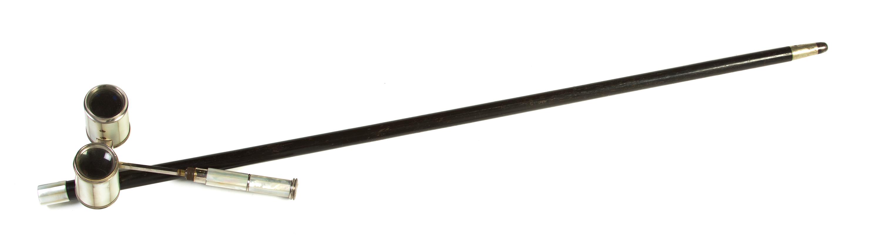 A Mother-of-Pearl Veneered Binocular Mounted Cane, Height overall 34 7/8 x width of spy glasses 4 5/8 inches.