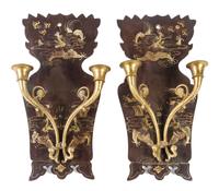 A Pair of Regency Gilt Bronze and Lacquer Two-Light Sconces Height 16 1/2 inches.