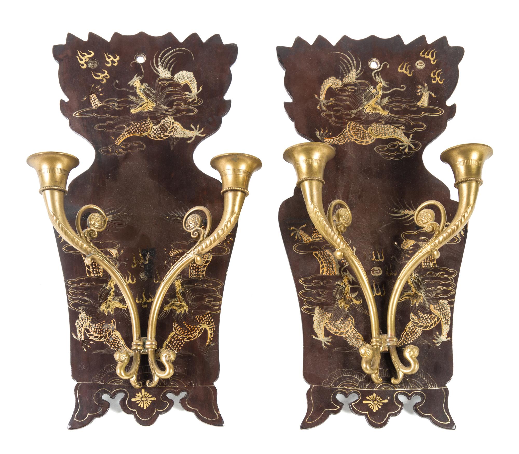 A Pair of Regency Gilt Bronze and Lacquer Two-Light Sconces Height 16 1/2 inches.