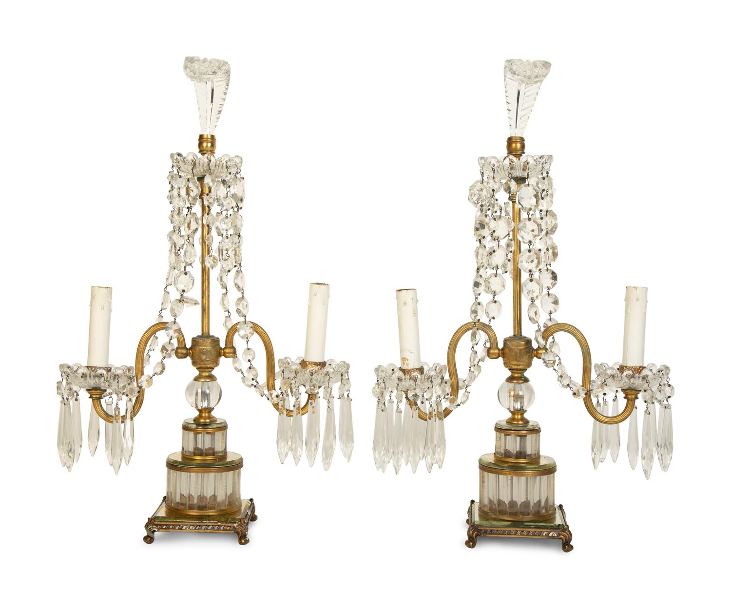 A Pair of Continental Gilt Metal and Glass Two-Light Candelabra