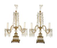 A Pair of Continental Gilt Metal and Glass Two-Light Candelabra