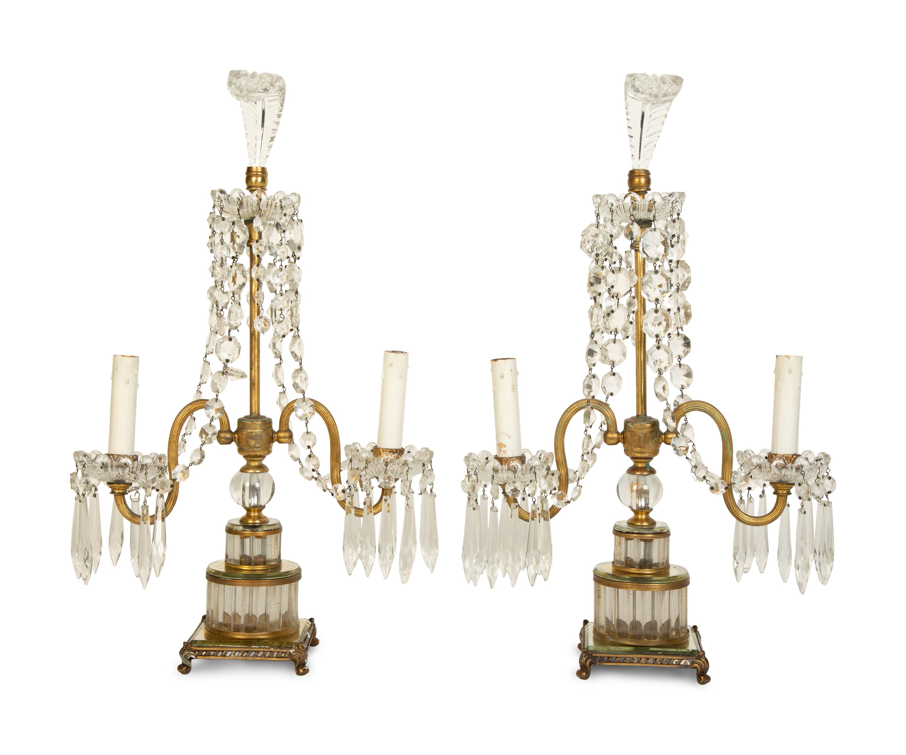 A Pair of Continental Gilt Metal and Glass Two-Light Candelabra
