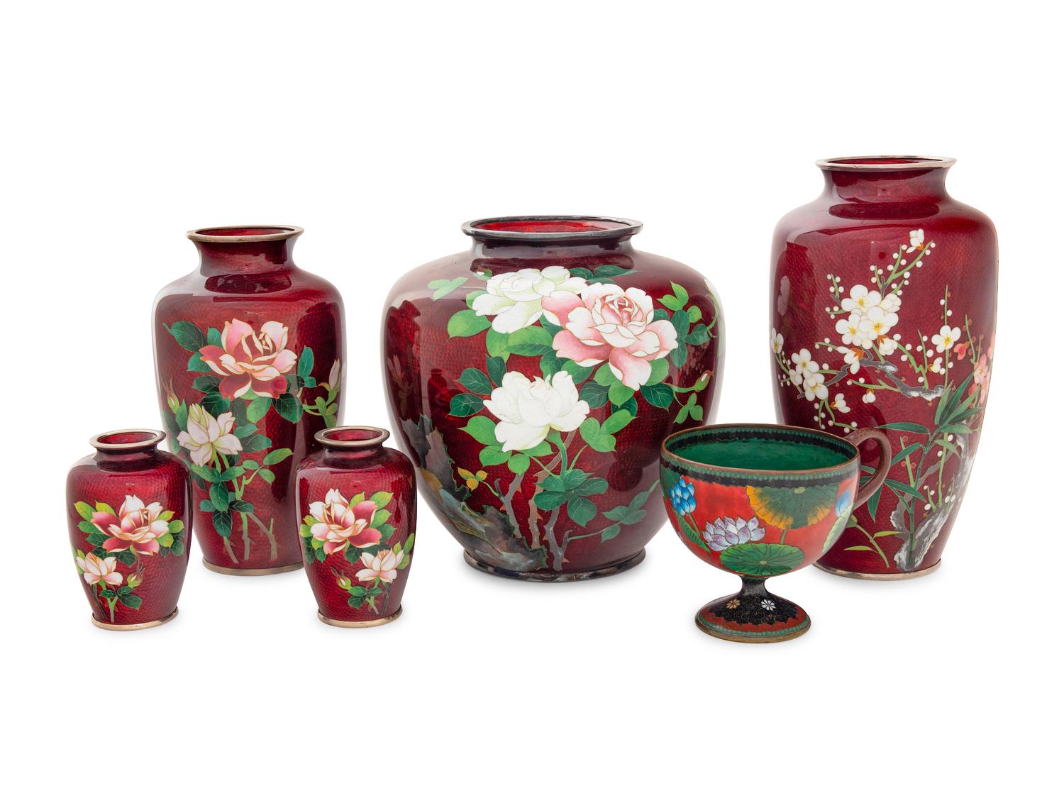 A Group of Six Japanese Red Ground Cloisonné Vessels