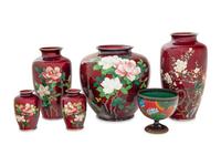 A Group of Six Japanese Red Ground Cloisonné Vessels