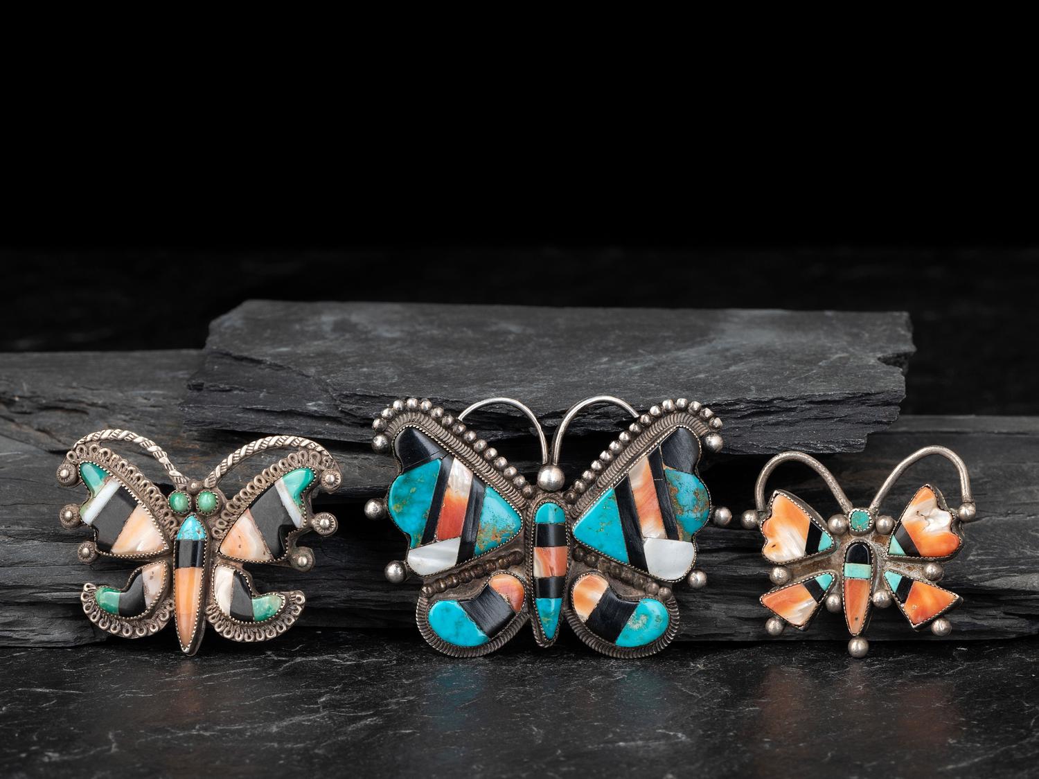 Zuni Silver and Mosaic Inlay Butterfly Pins / Brooches
