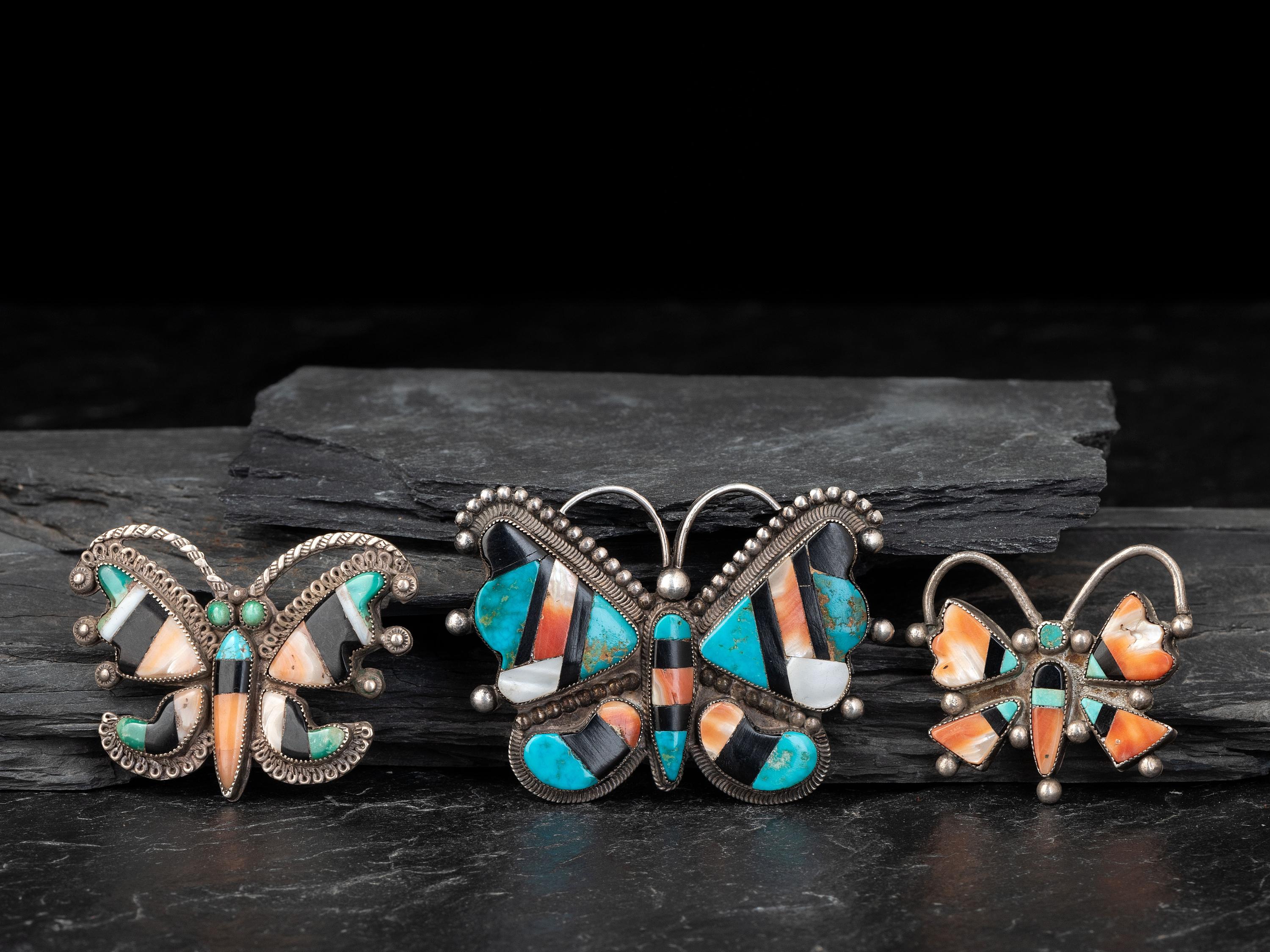 Zuni Silver and Mosaic Inlay Butterfly Pins / Brooches