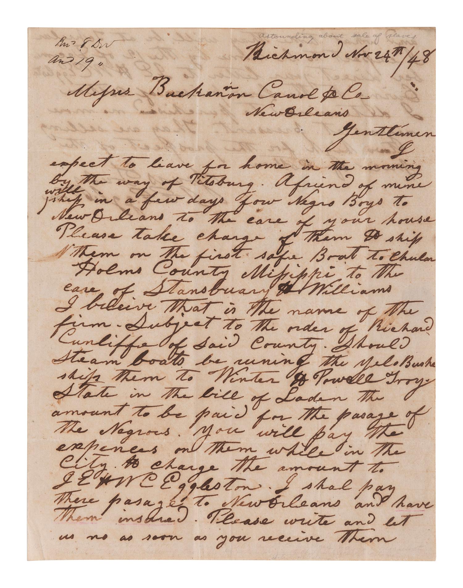 [ENSLAVEMENT]. Letter concerning the conveyance, insuring, and sale of slaves. Richmond, [VA], 1848.