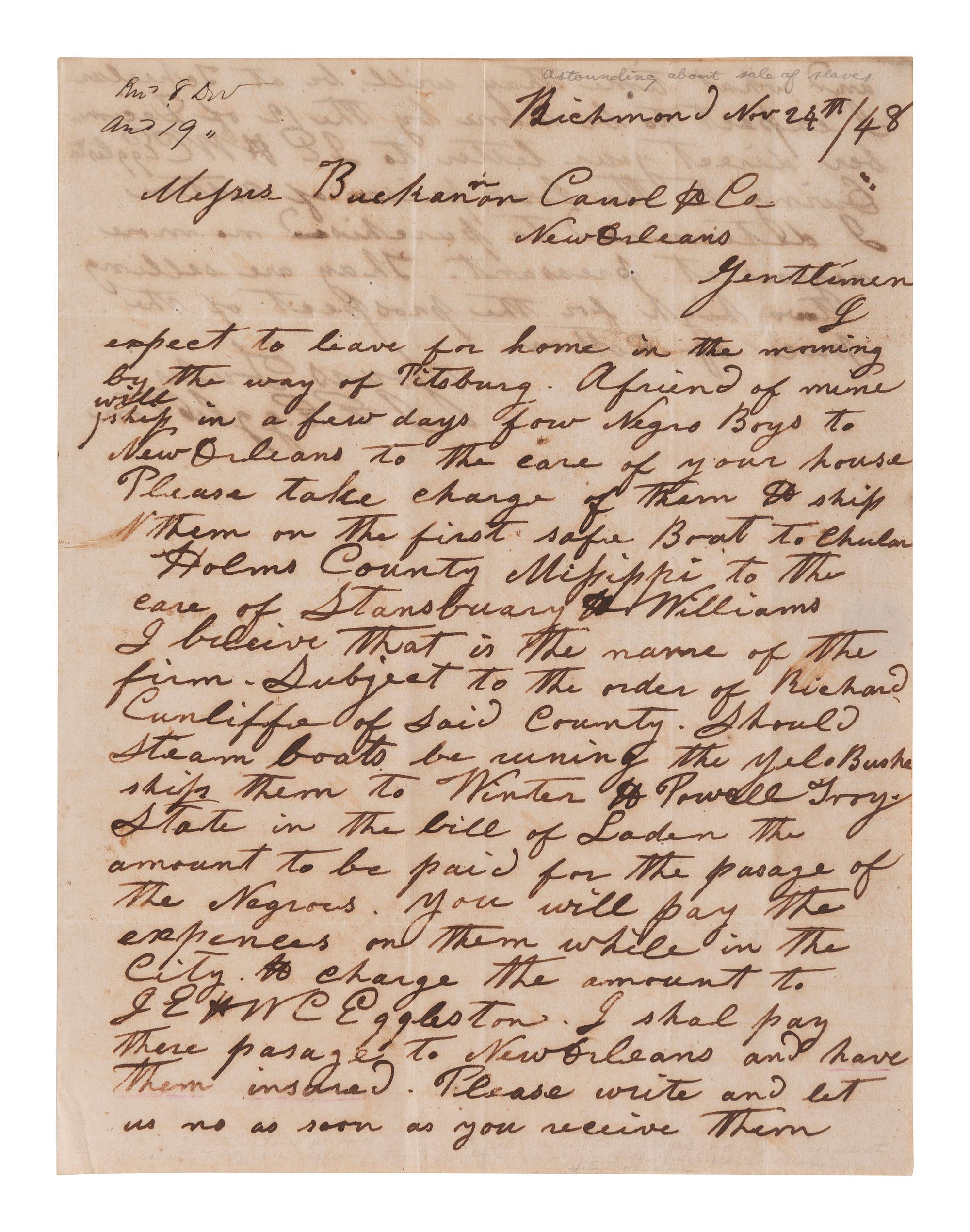 [ENSLAVEMENT]. Letter concerning the conveyance, insuring, and sale of slaves. Richmond, [VA], 1848.