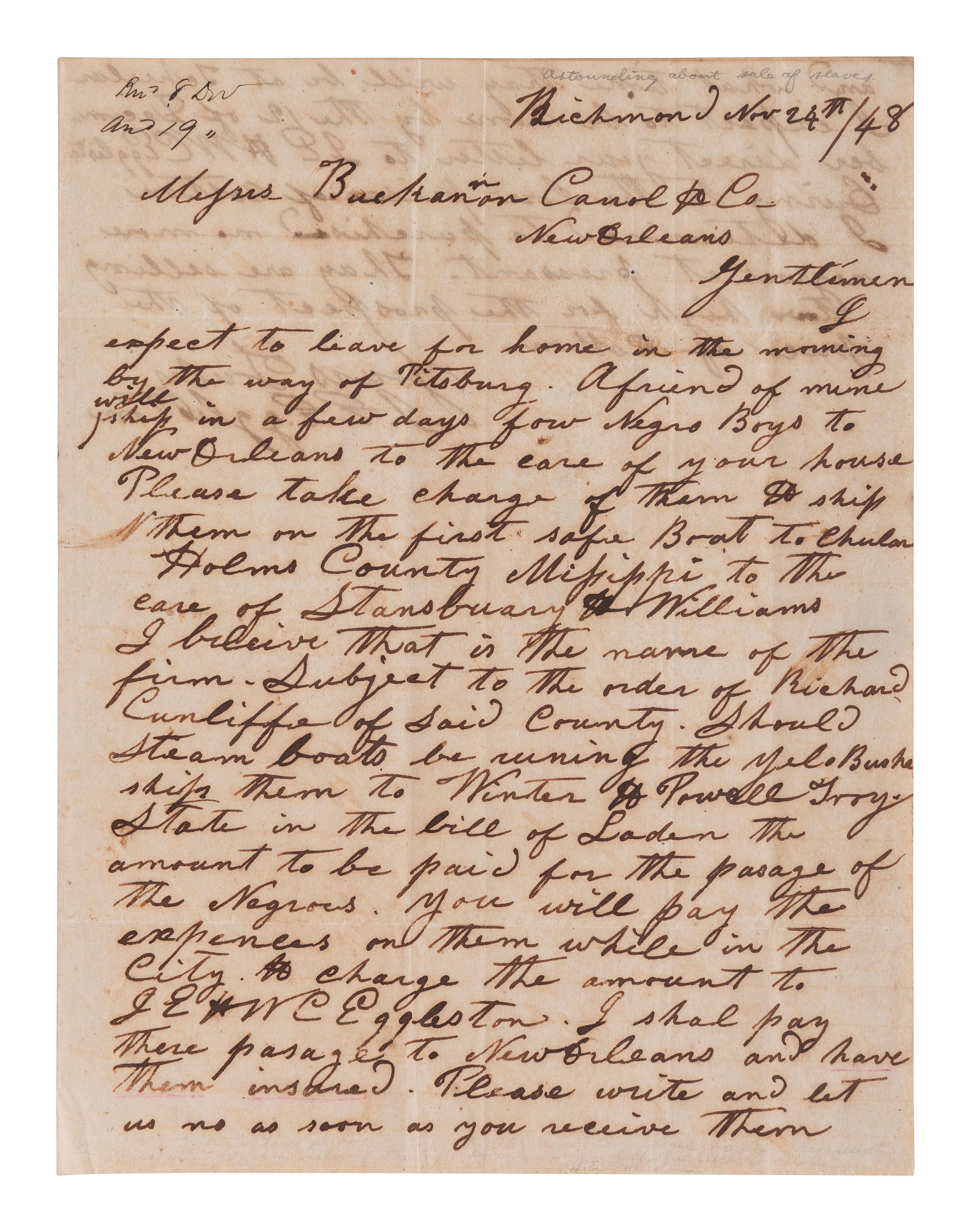 [ENSLAVEMENT]. Letter concerning the conveyance, insuring, and sale of slaves. Richmond, [VA], 1848.