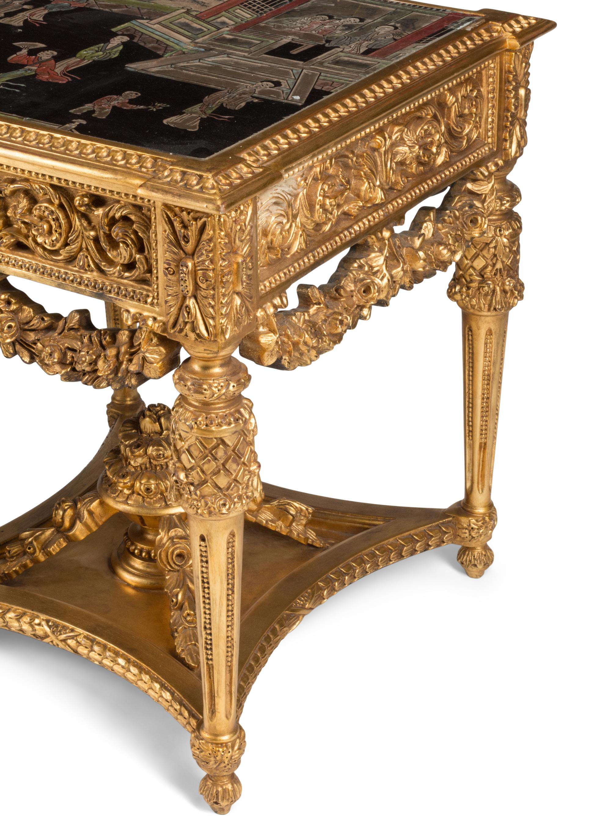 A Pair of Louis XVI Style Carved Giltwood and Chinese Lacquer-Inset Tables