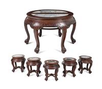 A Pair of Chinese Marble Inset Hardwood Demi-Lune Side Tables and Five Matching Stools