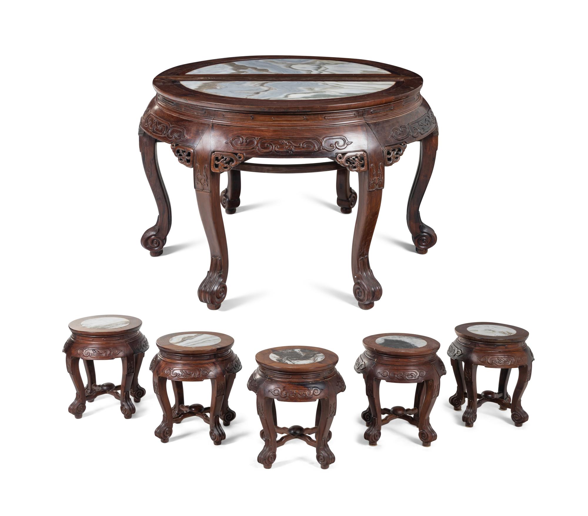 A Pair of Chinese Marble Inset Hardwood Demi-Lune Side Tables and Five Matching Stools