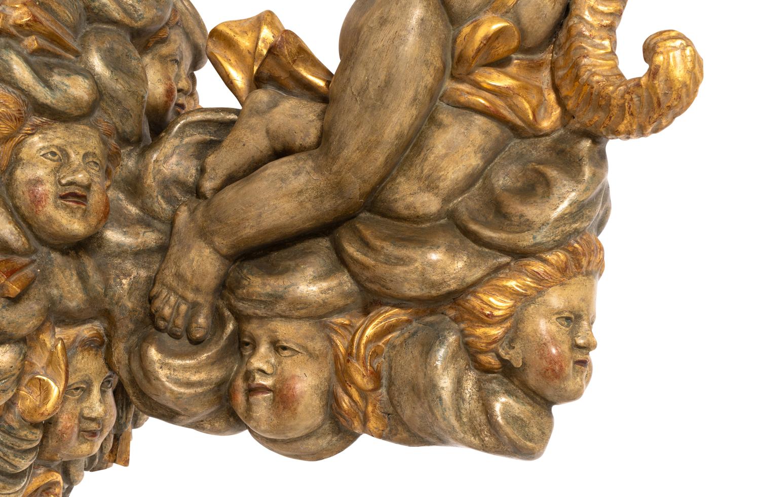A Pair of Monumental Italian Polychrome Painted and Parcel Gilt Candle Sconces