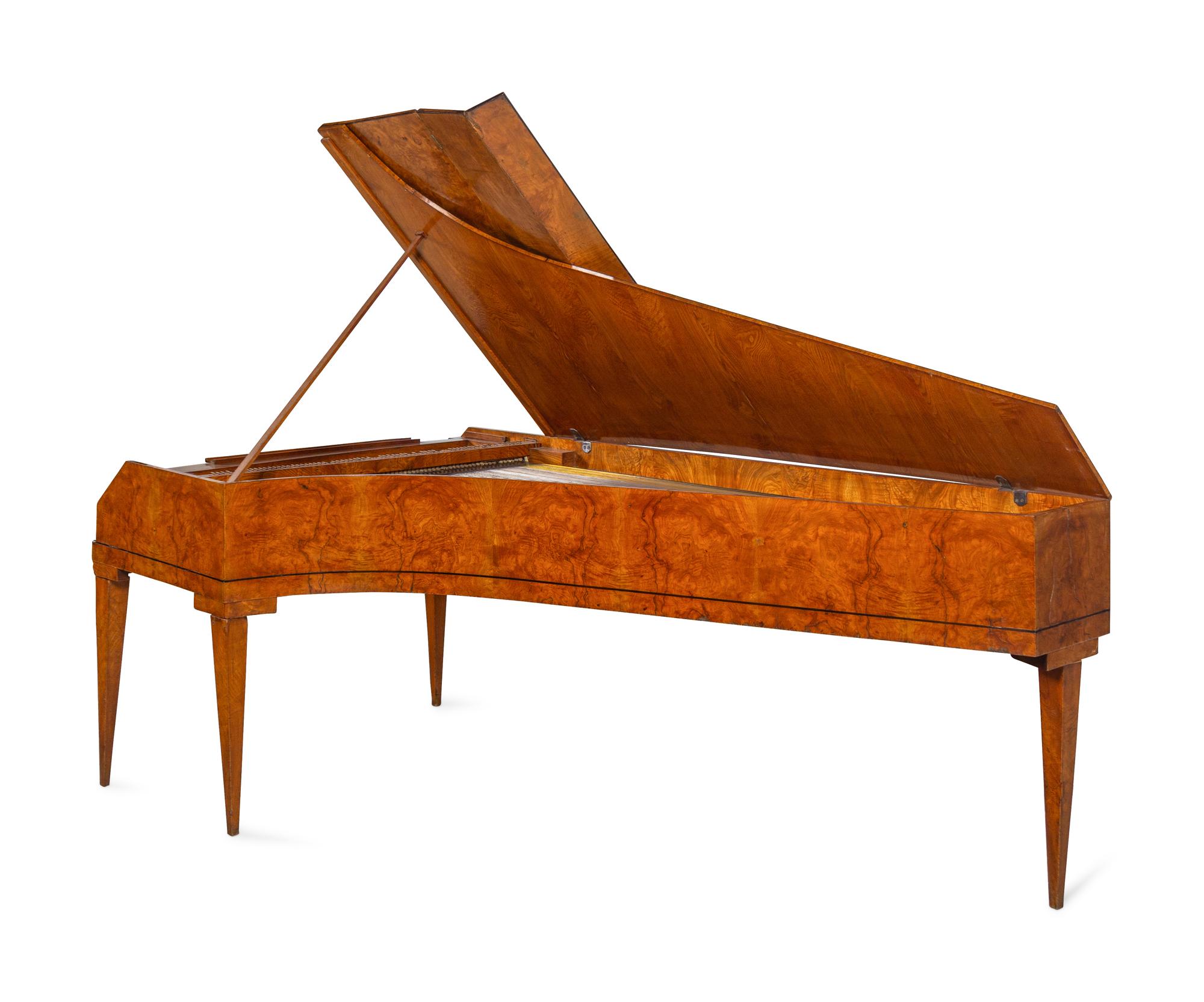 An Austrian Enamel Inset Burlwood Harpsichord
