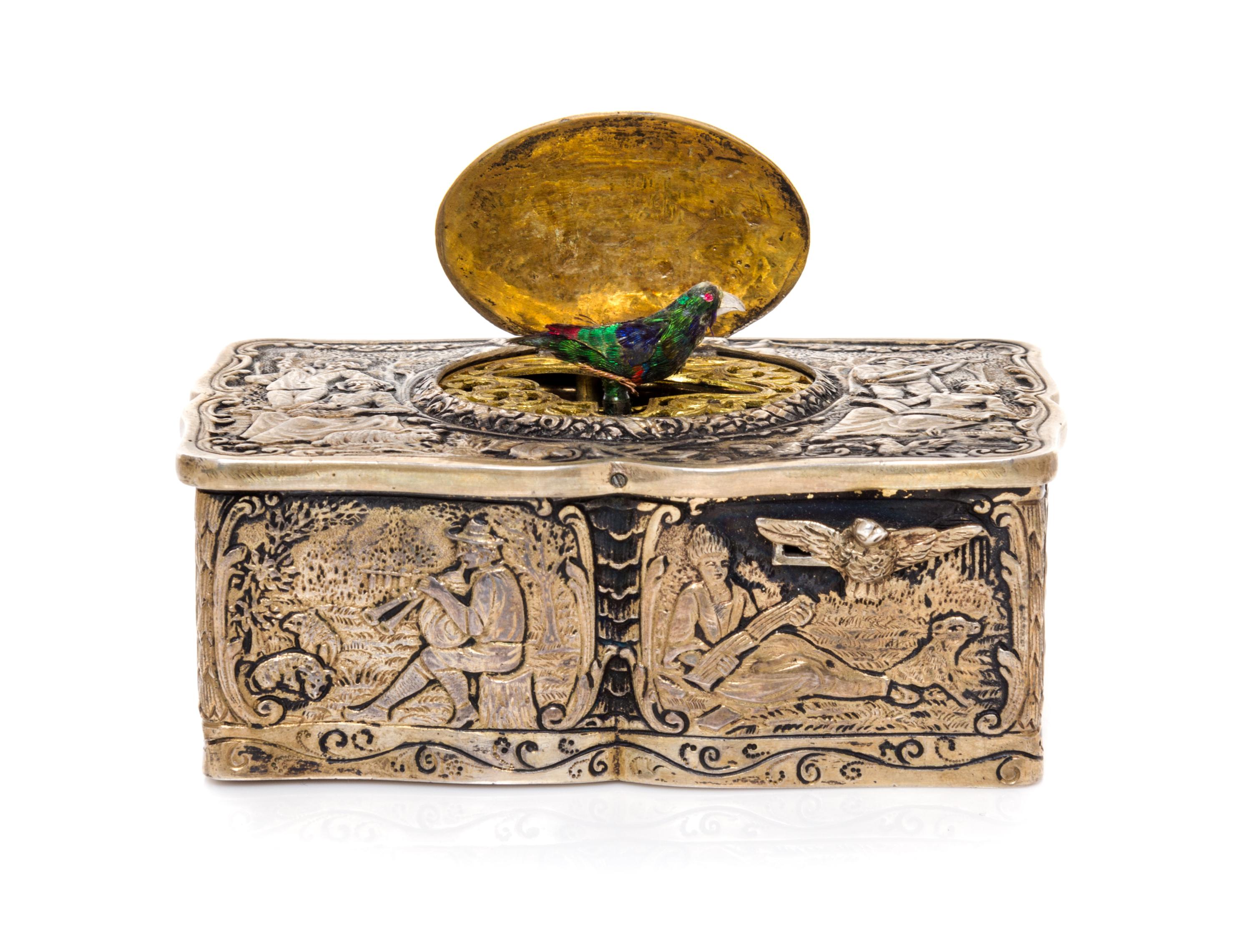 A German Silver Automaton Bird Box Height 1 1/2 x width 4 x depth 2 1/2 inches. — 19th Century