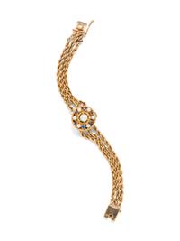 A 14 Karat Yellow Gold, Sapphire, Synthetic Sapphire and Cultured Pearl Wristwatch,