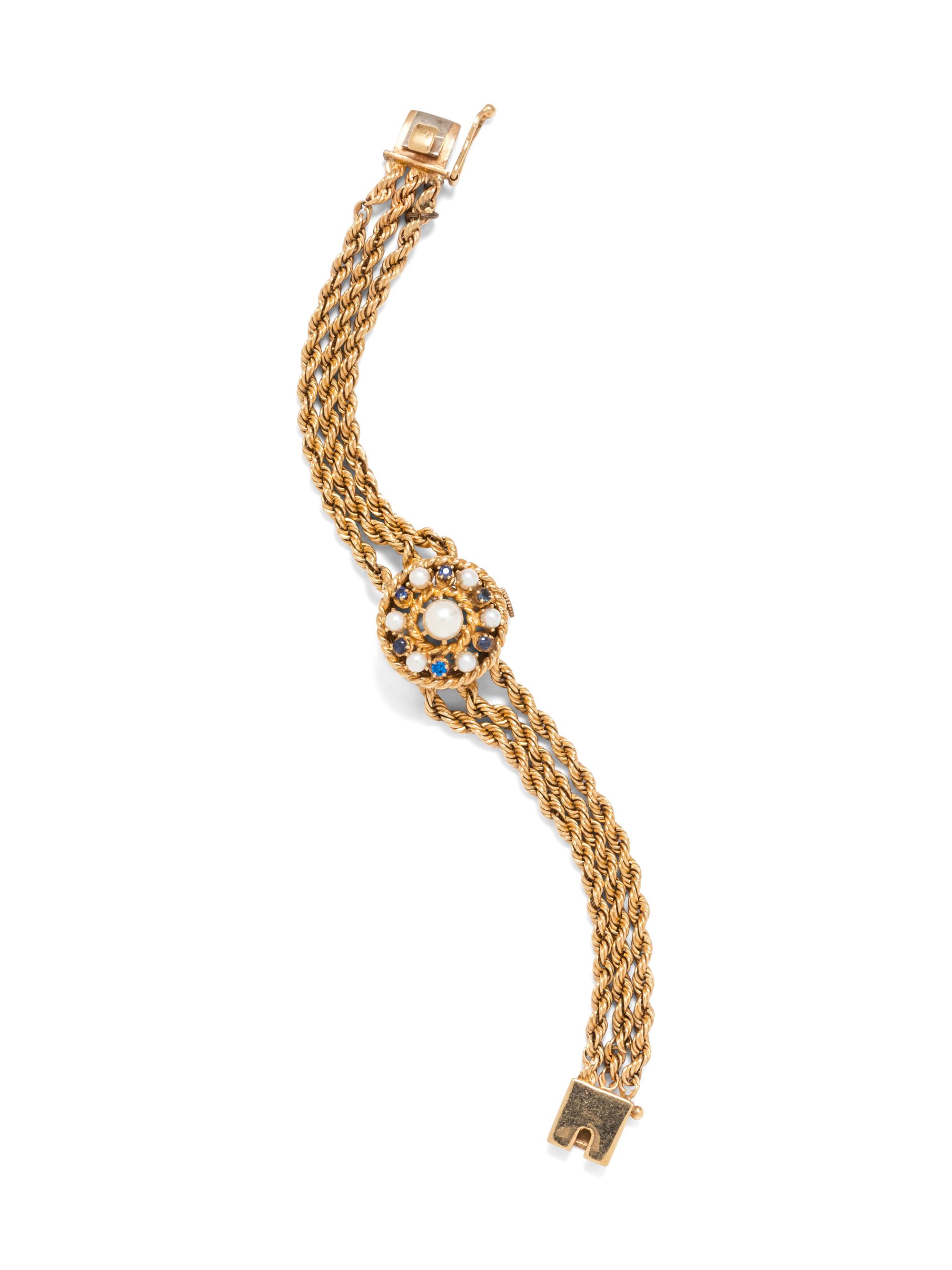 A 14 Karat Yellow Gold, Sapphire, Synthetic Sapphire and Cultured Pearl Wristwatch,