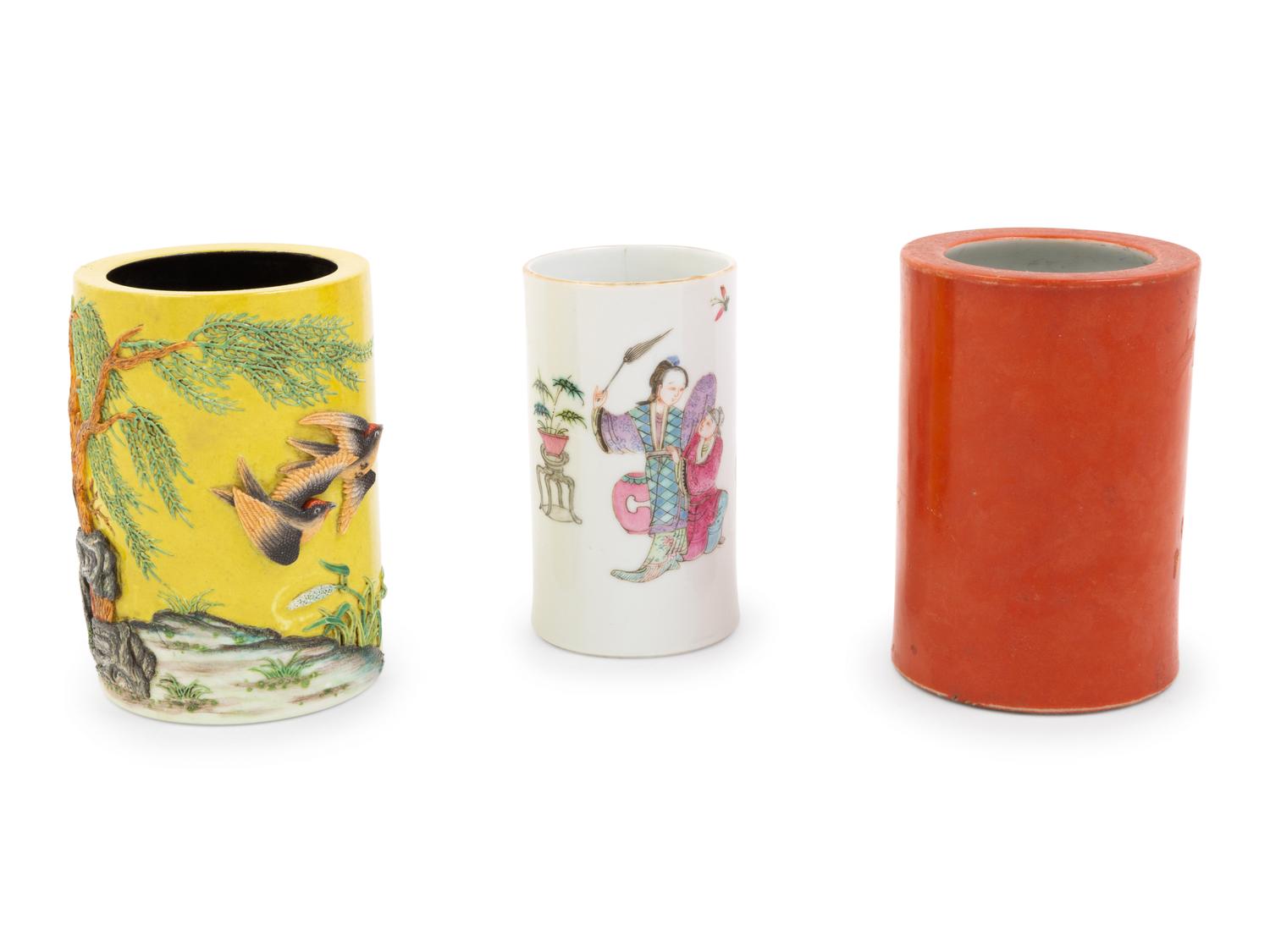 Three Chinese Porcelain Brush Pots, Bitong