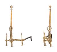 A Pair of Neoclassical Gilt Bronze Andirons with Wreath Ring Handles