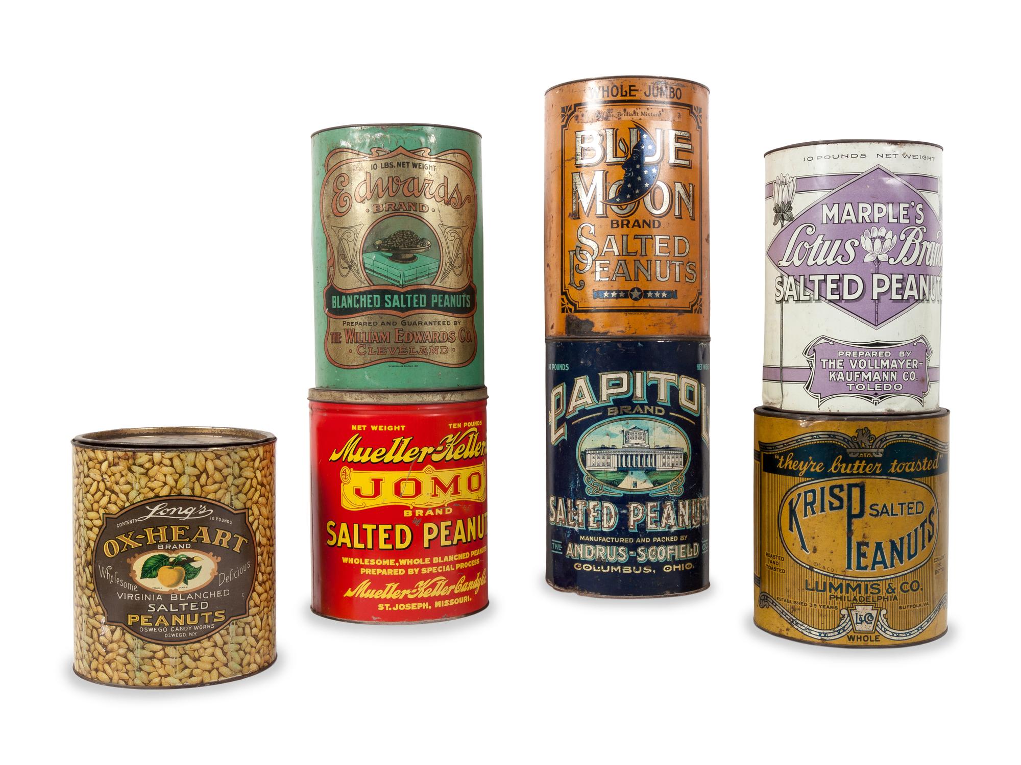 A Group of Seven Salted Peanut Tins