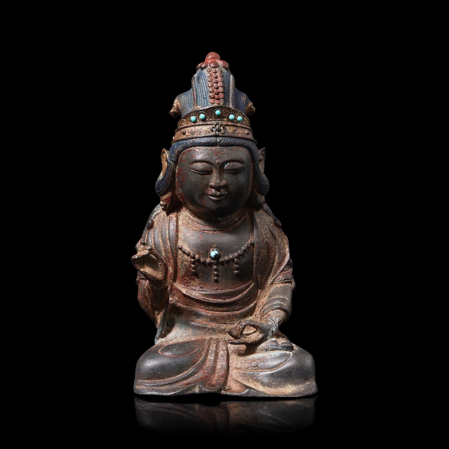 A Korean Polychrome Painted and Turquoise Inset Bronze Figure of a Bodhisattva, Joseon Period, Early 17th Century 十七世紀朝鮮王朝 銅嵌寳坐佛