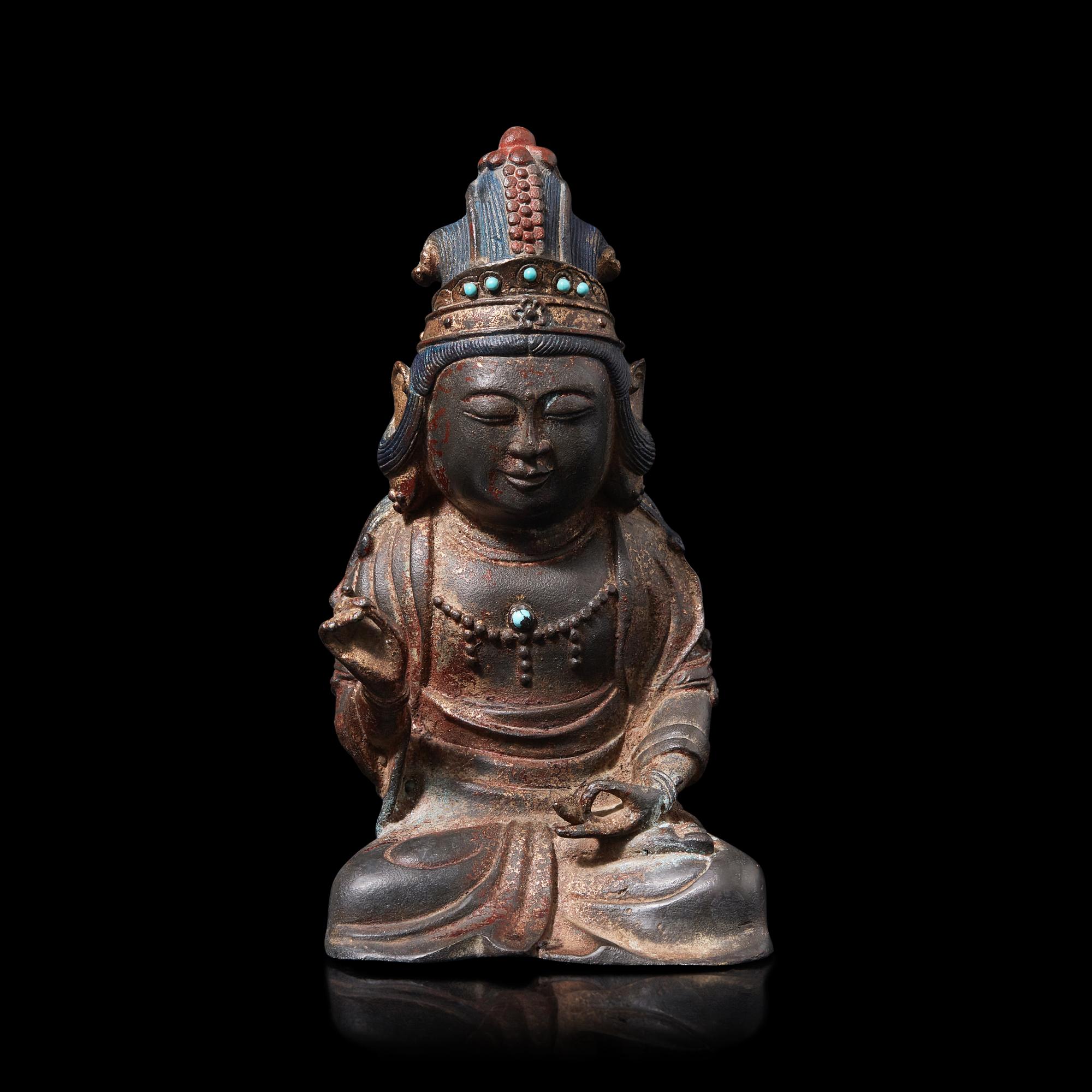 A Korean Polychrome Painted and Turquoise Inset Bronze Figure of a Bodhisattva, Joseon Period, Early 17th Century 十七世紀朝鮮王朝 銅嵌寳坐佛