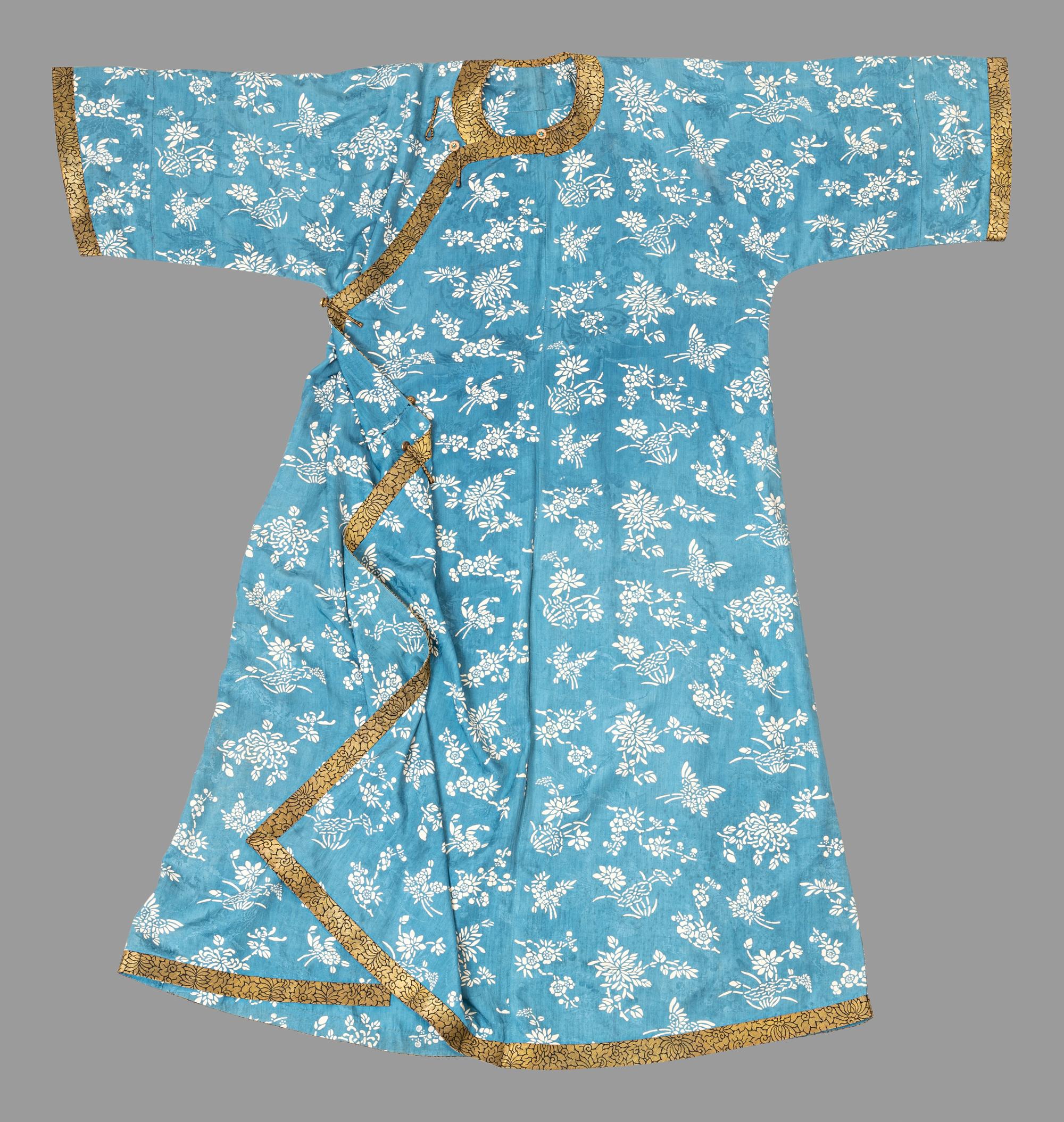 A Chinese Blue Ground Woven Silk Lady's Robe