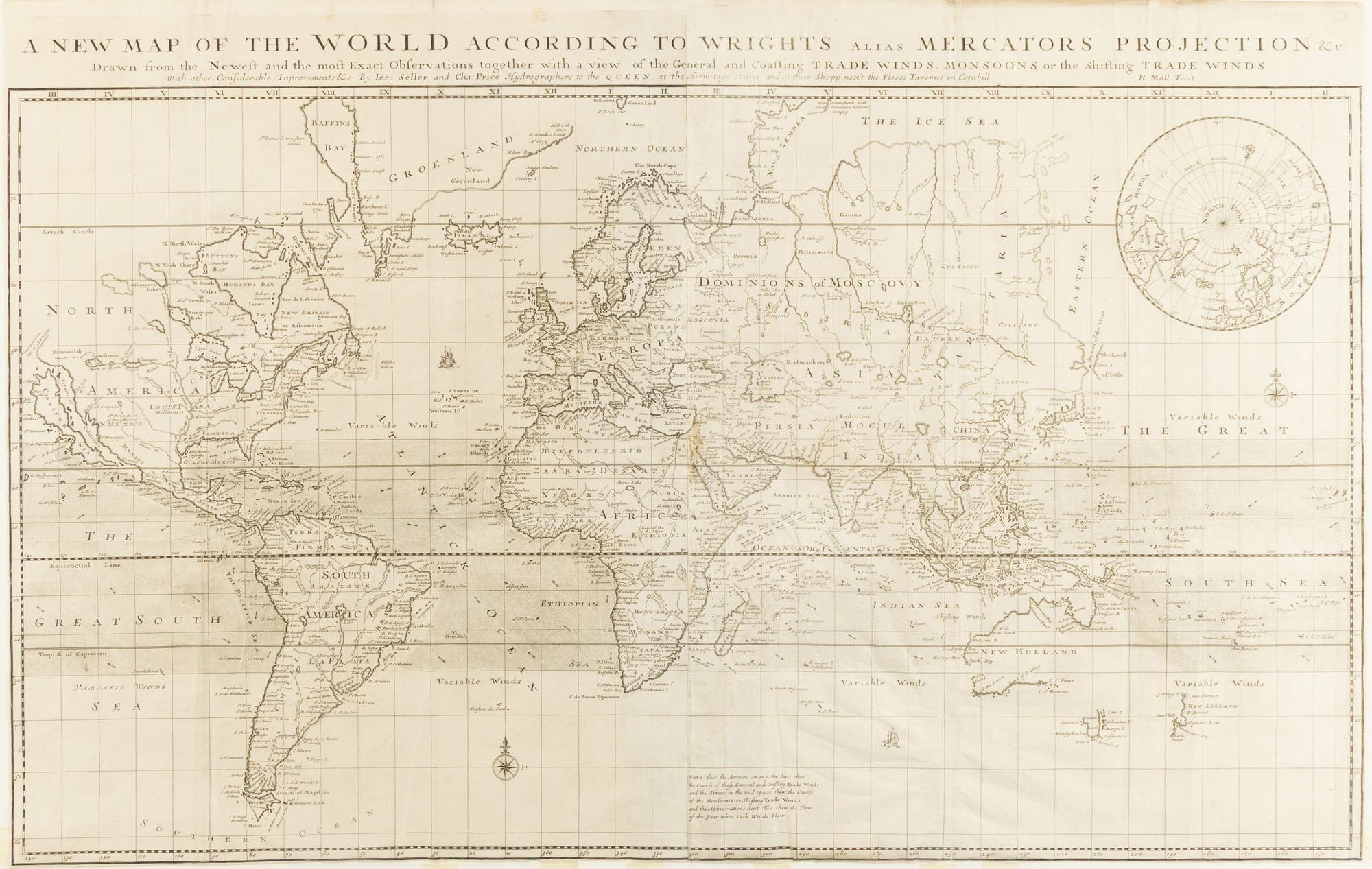 [MAP]. MOLL, Herman (1654-1732). A New Map of the World according to Wright's alias Mercator's Projection . London: for Mount & Page, ca 1705.