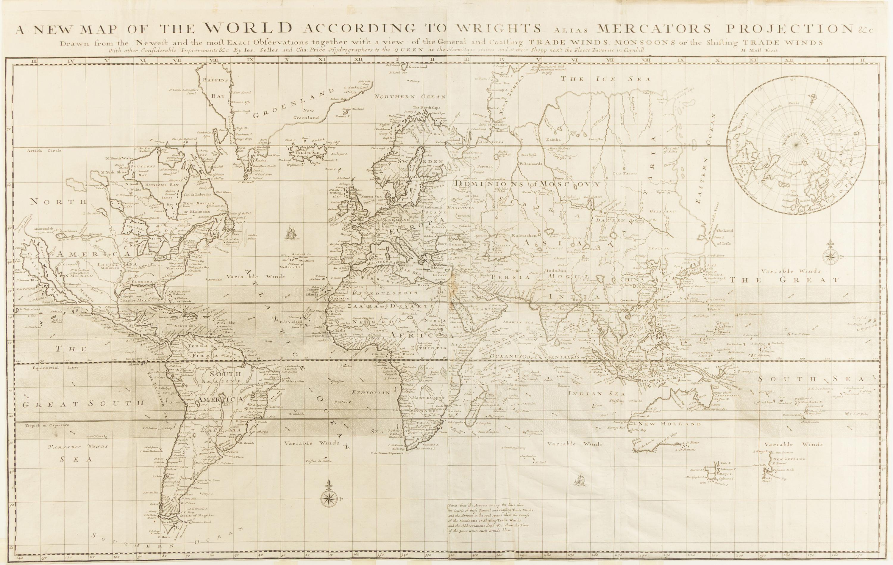[MAP]. MOLL, Herman (1654-1732). A New Map of the World according to Wright's alias Mercator's Projection . London: for Mount & Page, ca 1705.